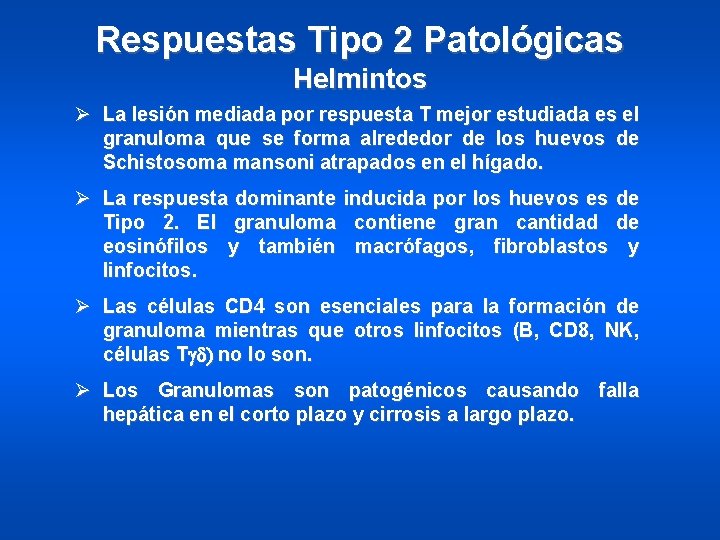 Respuestas Tipo 2 Patológicas Helmintos Ø La lesión mediada por respuesta T mejor estudiada