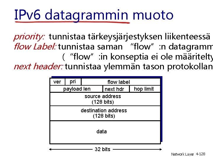 IPv 6 datagrammin muoto priority: tunnistaa tärkeysjärjestyksen liikenteessä flow Label: tunnistaa saman “flow”: n