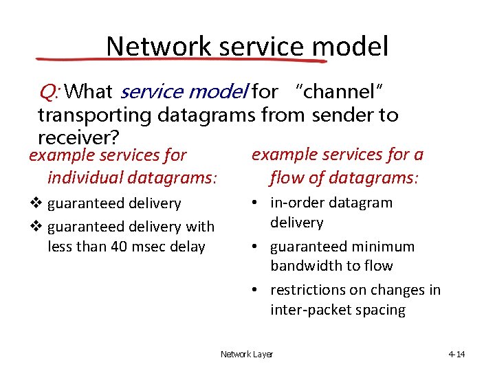 Network service model Q: What service model for “channel” transporting datagrams from sender to