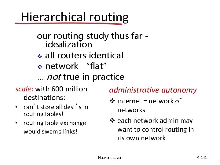 Hierarchical routing our routing study thus far idealization all routers identical network “flat” …