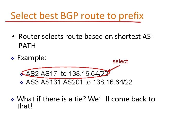 Select best BGP route to prefix • Router selects route based on shortest ASPATH