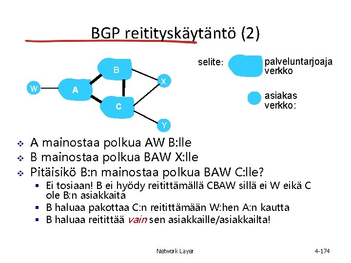 BGP reitityskäytäntö (2) selite: B W palveluntarjoaja verkko X A asiakas verkko: C Y