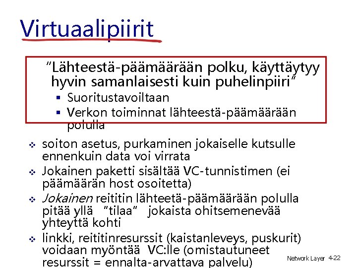 Virtuaalipiirit “Lähteestä-päämäärään polku, käyttäytyy hyvin samanlaisesti kuin puhelinpiiri” Suoritustavoiltaan Verkon toiminnat lähteestä-päämäärään polulla soiton