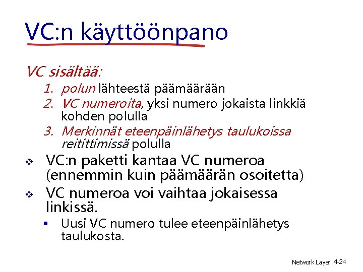 VC: n käyttöönpano VC sisältää: 1. polun lähteestä päämäärään 2. VC numeroita, yksi numero