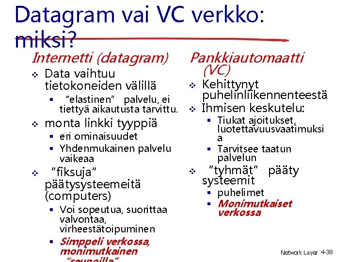 Datagram vai VC verkko: miksi? Internetti (datagram) Data vaihtuu tietokoneiden välillä “elastinen” palvelu, ei