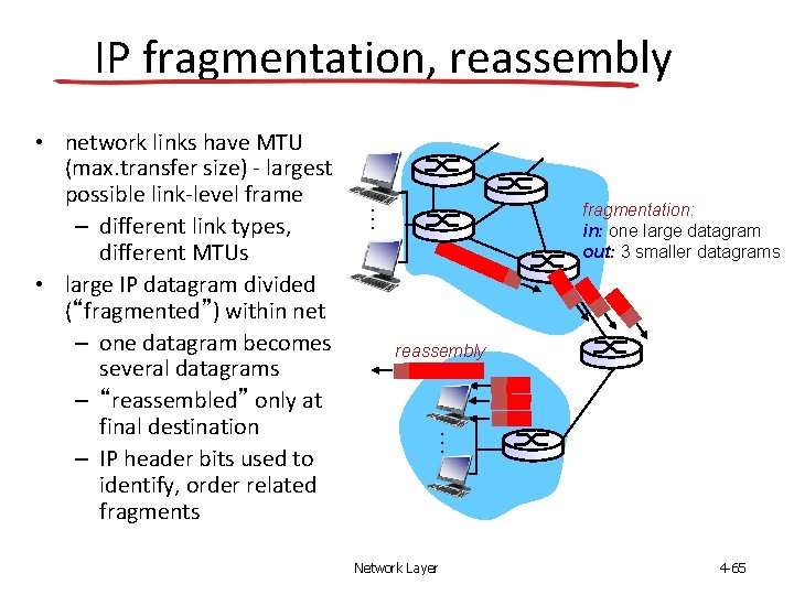 IP fragmentation, reassembly fragmentation: in: one large datagram out: 3 smaller datagrams … reassembly