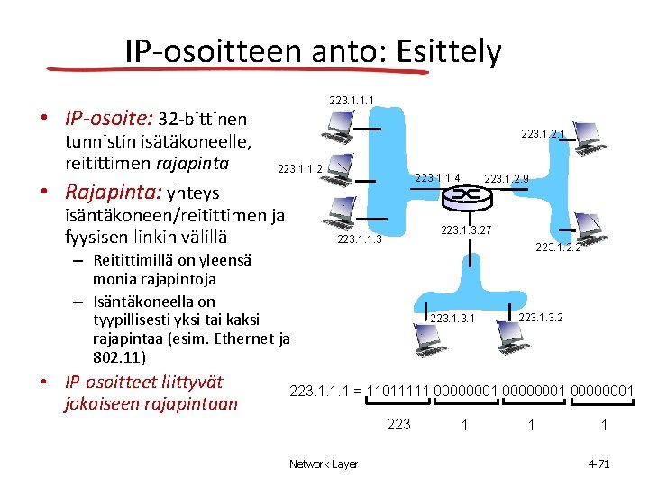 IP-osoitteen anto: Esittely 223. 1. 1. 1 • IP-osoite: 32 -bittinen tunnistin isätäkoneelle, reitittimen