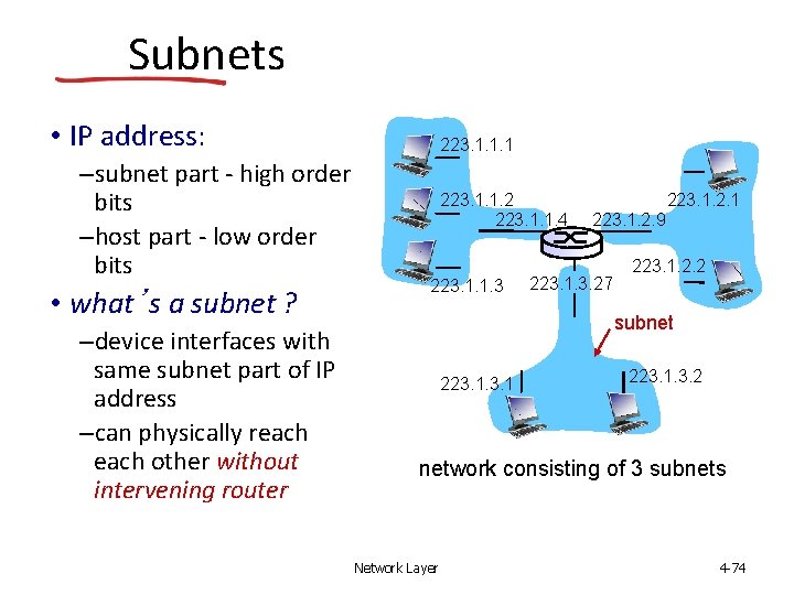 Subnets • IP address: –subnet part - high order bits –host part - low