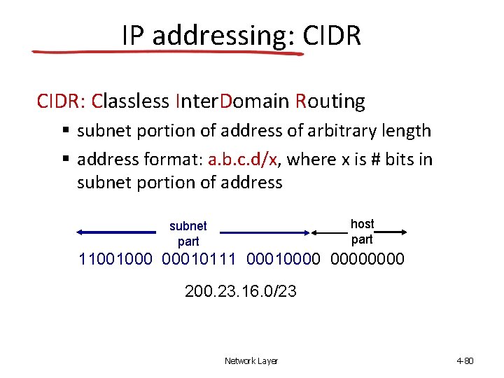 IP addressing: CIDR: Classless Inter. Domain Routing subnet portion of address of arbitrary length
