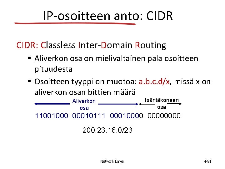 IP-osoitteen anto: CIDR: Classless Inter-Domain Routing Aliverkon osa on mielivaltainen pala osoitteen pituudesta Osoitteen