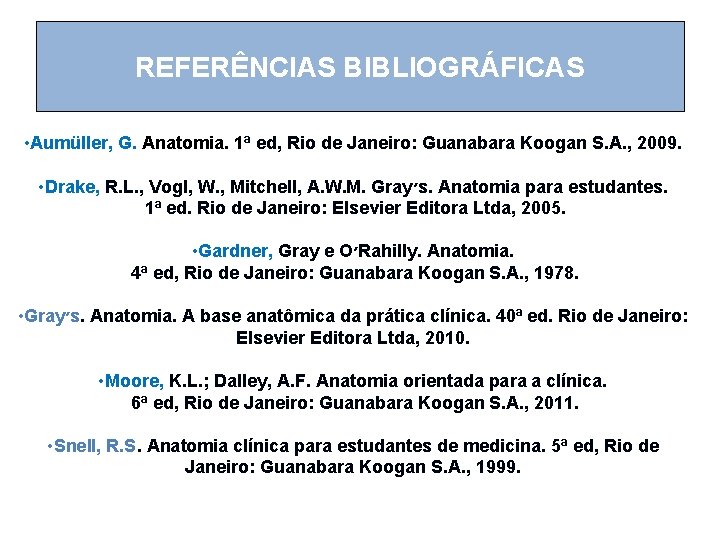 REFERÊNCIAS BIBLIOGRÁFICAS • Aumüller, G. Anatomia. 1ª ed, Rio de Janeiro: Guanabara Koogan S.