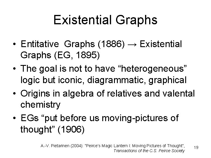Existential Graphs • Entitative Graphs (1886) → Existential Graphs (EG, 1895) • The goal