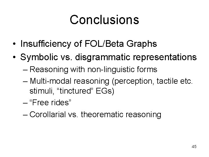 Conclusions • Insufficiency of FOL/Beta Graphs • Symbolic vs. disgrammatic representations – Reasoning with