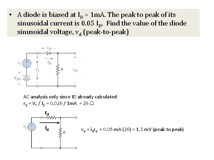  • A diode is biased at ID = 1 m. A. The peak