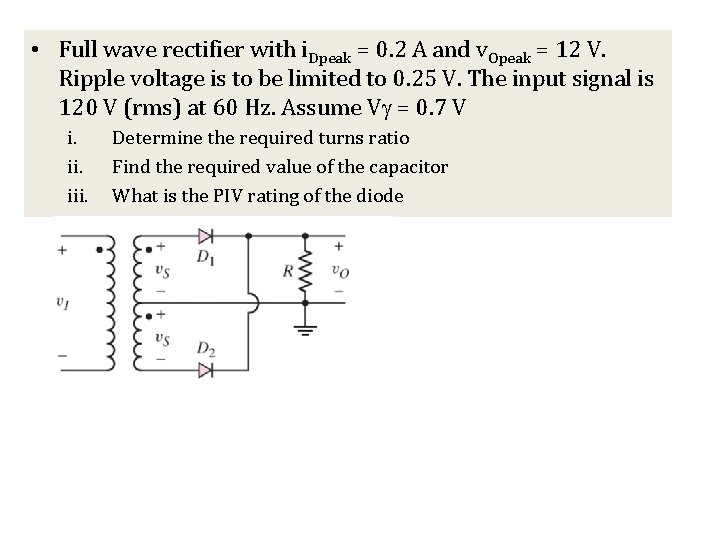  • Full wave rectifier with i. Dpeak = 0. 2 A and v.