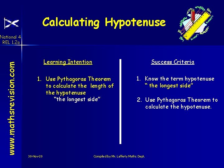 Calculating Hypotenuse www. mathsrevision. com National 4 REL 1. 2 a Learning Intention Success