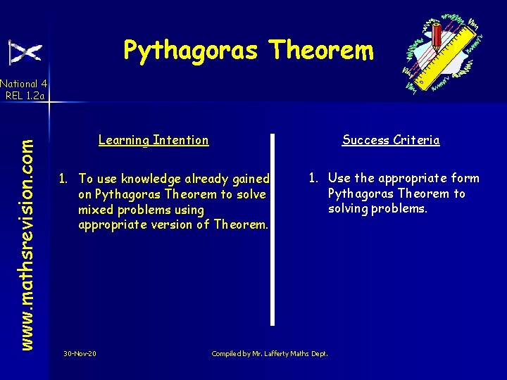 Pythagoras Theorem www. mathsrevision. com National 4 REL 1. 2 a Learning Intention Success