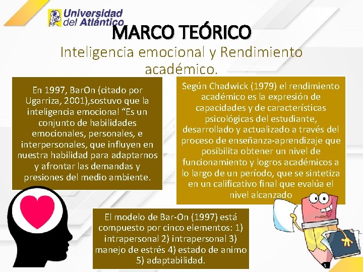 MARCO TEÓRICO Inteligencia emocional y Rendimiento académico. En 1997, Bar. On (citado por Ugarriza,