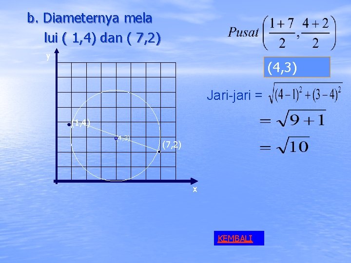 b. Diameternya mela lui ( 1, 4) dan ( 7, 2) y (4, 3)