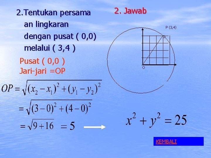2. Tentukan persama an lingkaran dengan pusat ( 0, 0) melalui ( 3, 4