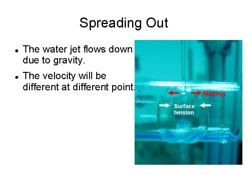 Spreading Out The water jet flows down due to gravity. The velocity will be