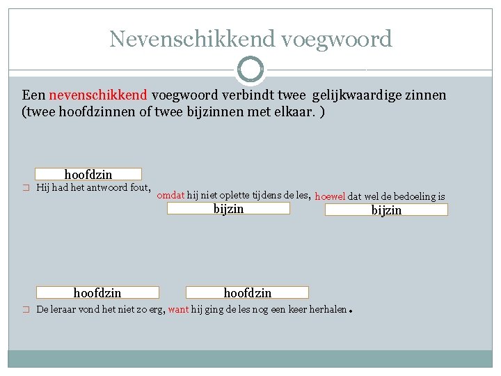 Nevenschikkend voegwoord Een nevenschikkend voegwoord verbindt twee gelijkwaardige zinnen (twee hoofdzinnen of twee bijzinnen