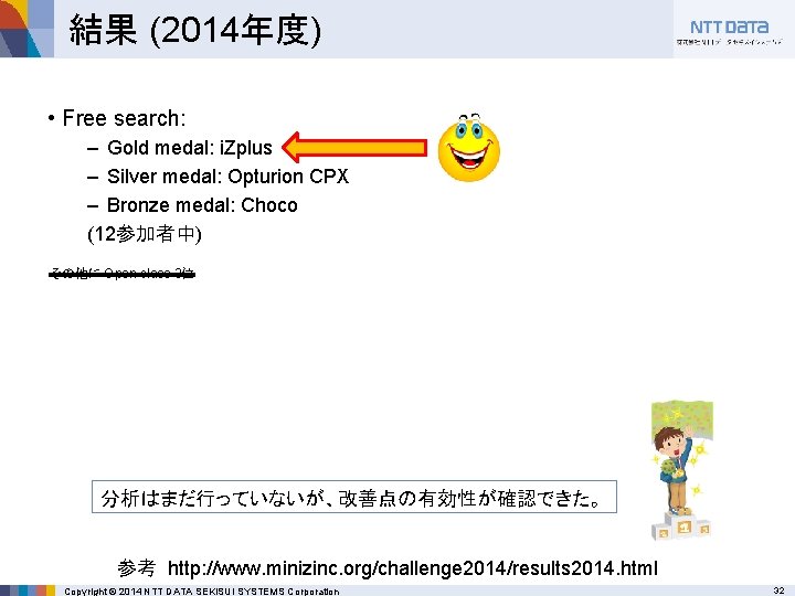 結果 (2014年度) • Free search: – Gold medal: i. Zplus – Silver medal: Opturion