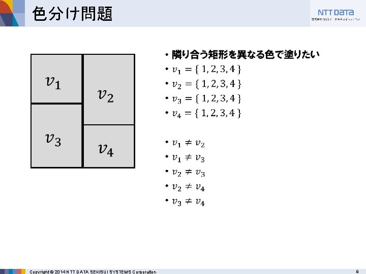 色分け問題 • Copyright © 2014 NTT DATA SEKISUI SYSTEMS Corporation 8 