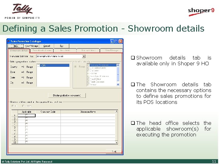 Defining a Sales Promotion - Showroom details q Showroom details tab is available only