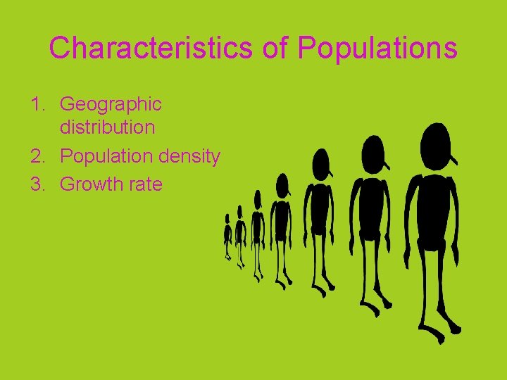 Characteristics of Populations 1. Geographic distribution 2. Population density 3. Growth rate 