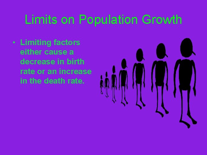 Limits on Population Growth • Limiting factors either cause a decrease in birth rate