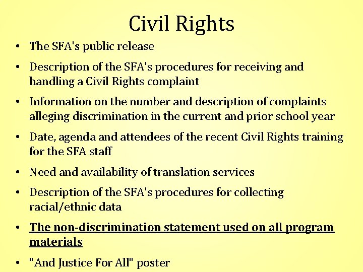 Civil Rights • The SFA's public release • Description of the SFA's procedures for