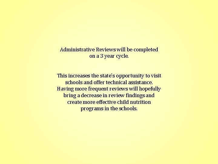 Administrative Reviews will be completed on a 3 year cycle. This increases the state’s