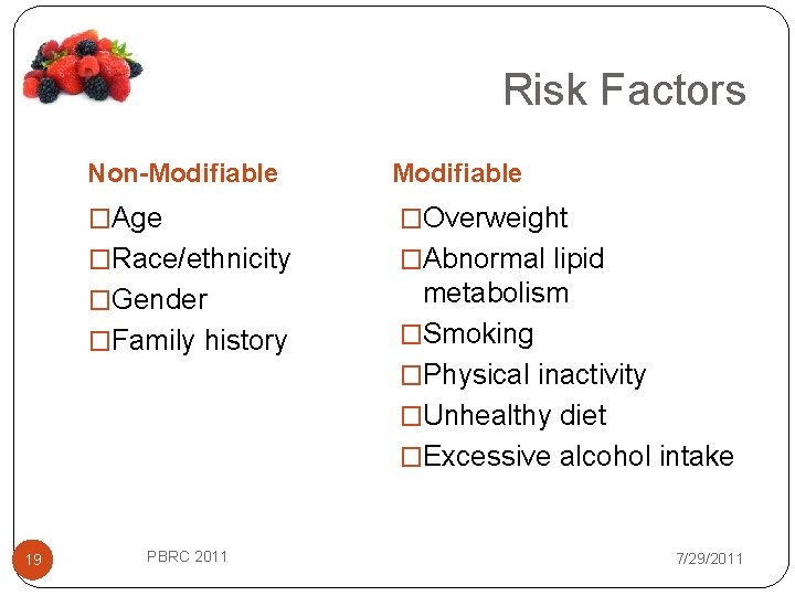 Risk Factors Non-Modifiable �Age �Overweight �Race/ethnicity �Abnormal lipid �Gender metabolism �Smoking �Physical inactivity �Unhealthy