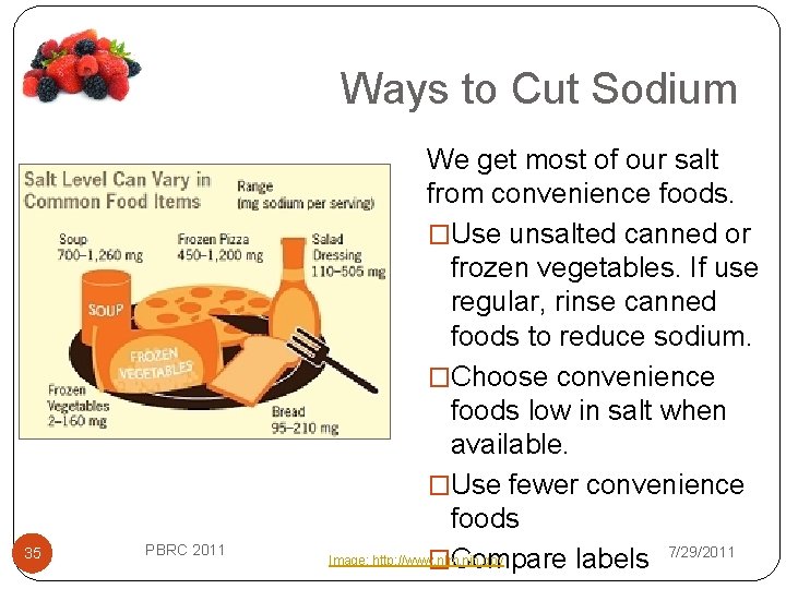 Ways to Cut Sodium 35 PBRC 2011 We get most of our salt from