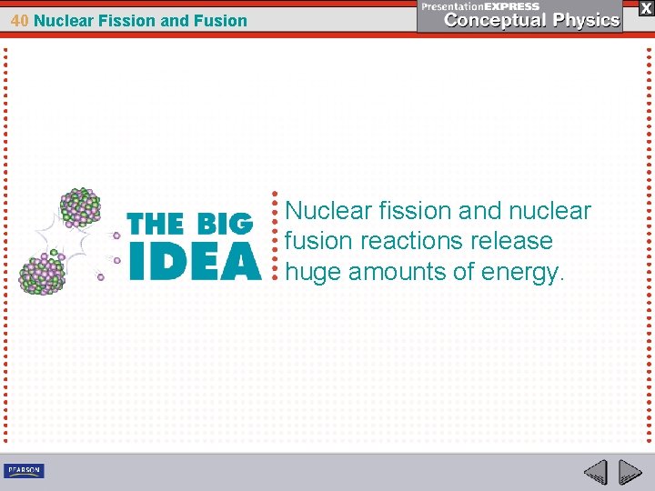 40 Nuclear Fission and Fusion Nuclear fission and nuclear fusion reactions release huge amounts