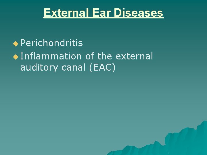 External Ear Diseases u Perichondritis u Inflammation of the external auditory canal (EAC) 