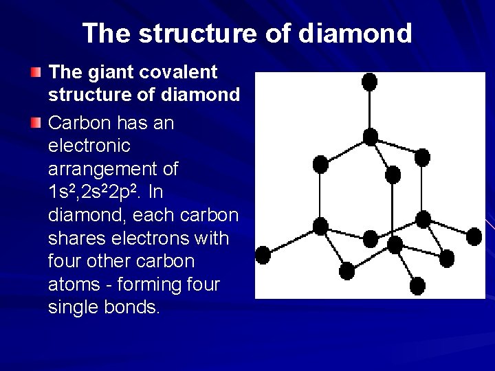 The structure of diamond The giant covalent structure of diamond Carbon has an electronic