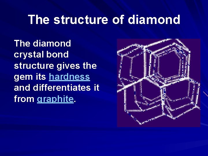 The structure of diamond The diamond crystal bond structure gives the gem its hardness