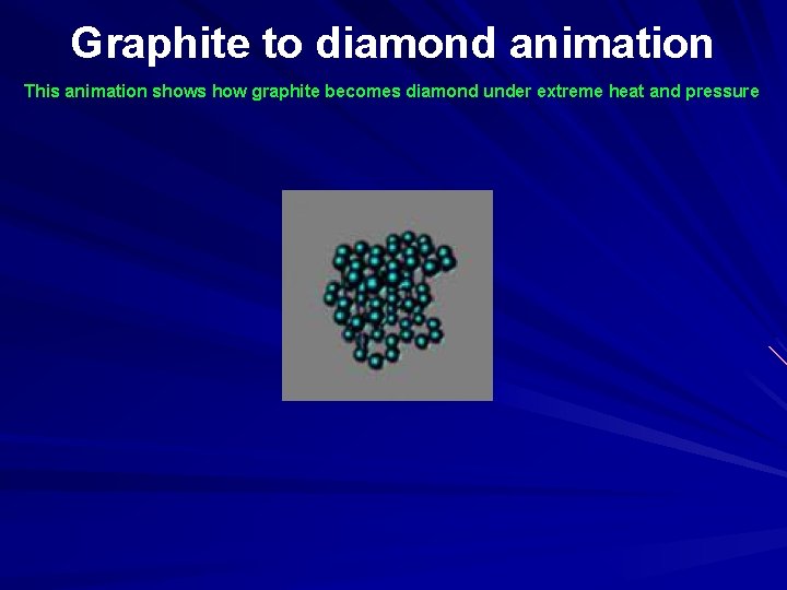 Graphite to diamond animation This animation shows how graphite becomes diamond under extreme heat