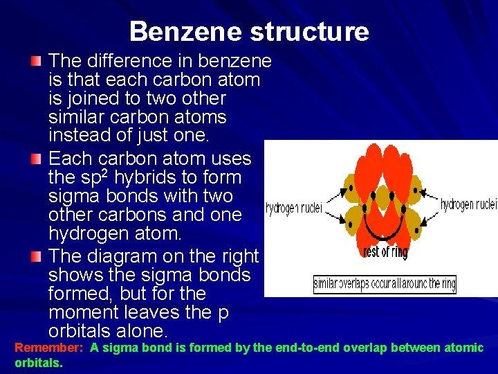 Benzene structure The difference in benzene is that each carbon atom is joined to