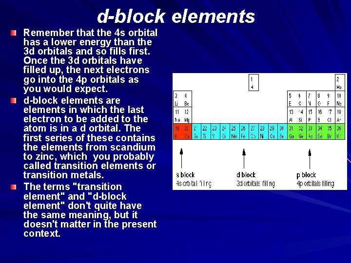 d-block elements Remember that the 4 s orbital has a lower energy than the