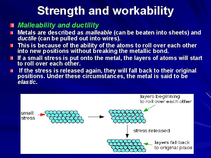 Strength and workability Malleability and ductility Metals are described as malleable (can be beaten