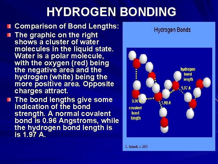 HYDROGEN BONDING Comparison of Bond Lengths: The graphic on the right shows a cluster