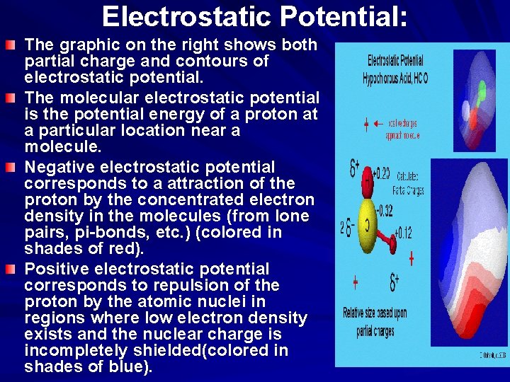 Electrostatic Potential: The graphic on the right shows both partial charge and contours of