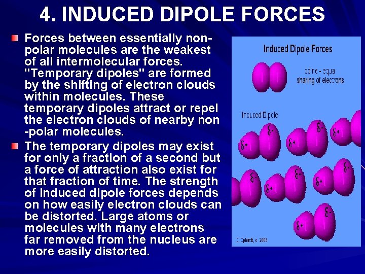 4. INDUCED DIPOLE FORCES Forces between essentially nonpolar molecules are the weakest of all
