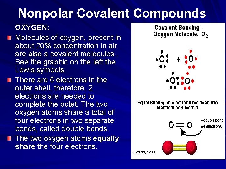 Nonpolar Covalent Compounds OXYGEN: Molecules of oxygen, present in about 20% concentration in air