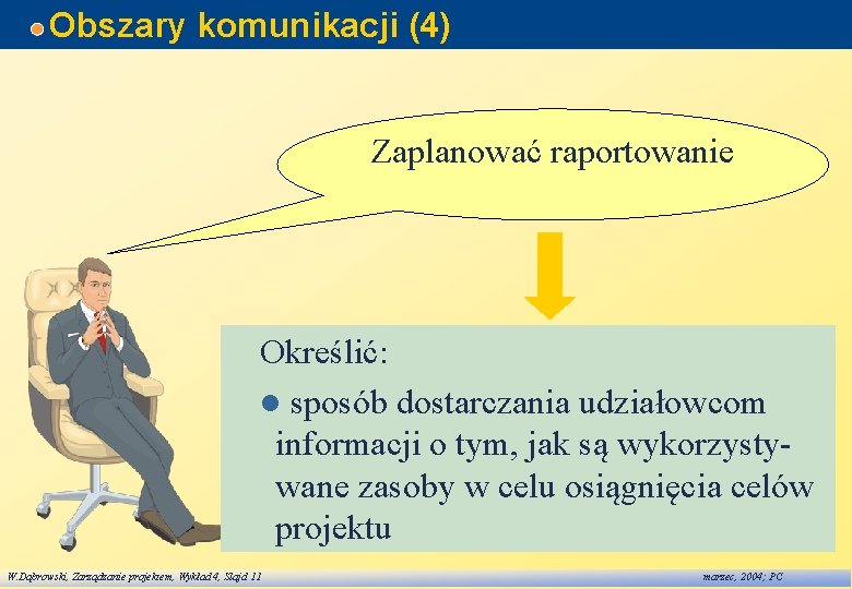 Obszary komunikacji (4) Zaplanować raportowanie Określić: l sposób dostarczania udziałowcom informacji o tym, jak Obszary komunikacji (4) Zaplanować raportowanie Określić: l sposób dostarczania udziałowcom informacji o tym, jak