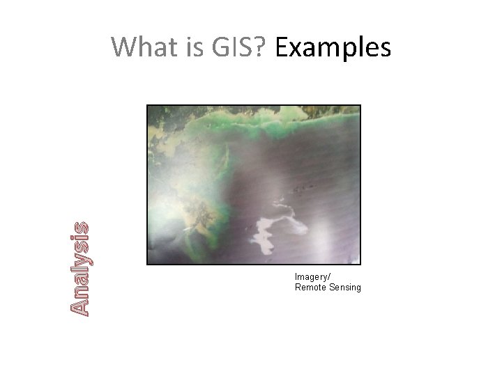 Analysis What is GIS? Examples Imagery/ Remote Sensing 