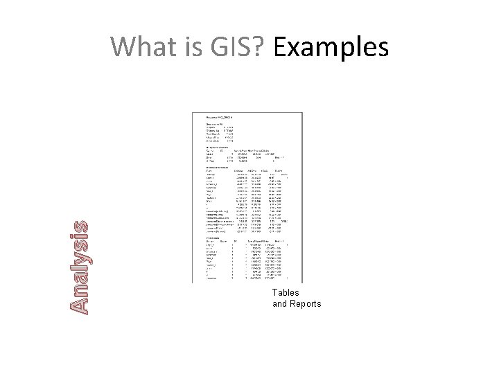 Analysis What is GIS? Examples Tables and Reports 